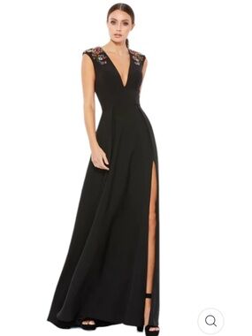 Ieena Mac Duggal Black Plunge Neck Beaded Shoulder Midi Dress